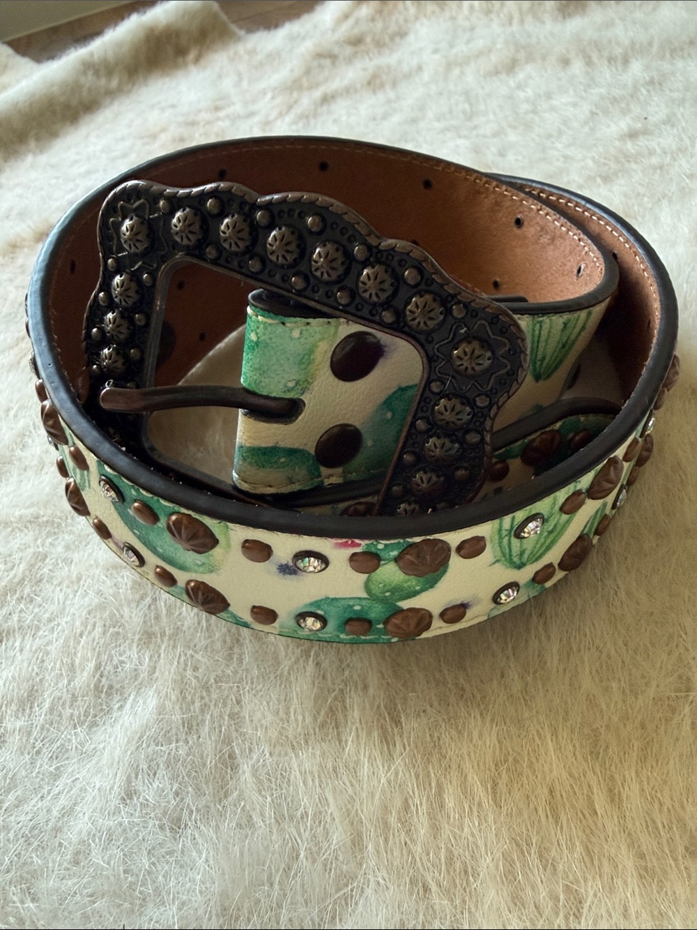 Studded Cactus Leather Belt in Green and Cream
